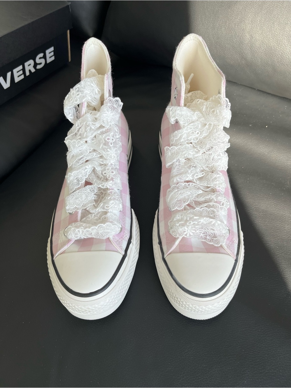 Converse High Top Sneakers Pink and White Gingham Women’s Size US 8 - Picture 3 of 10